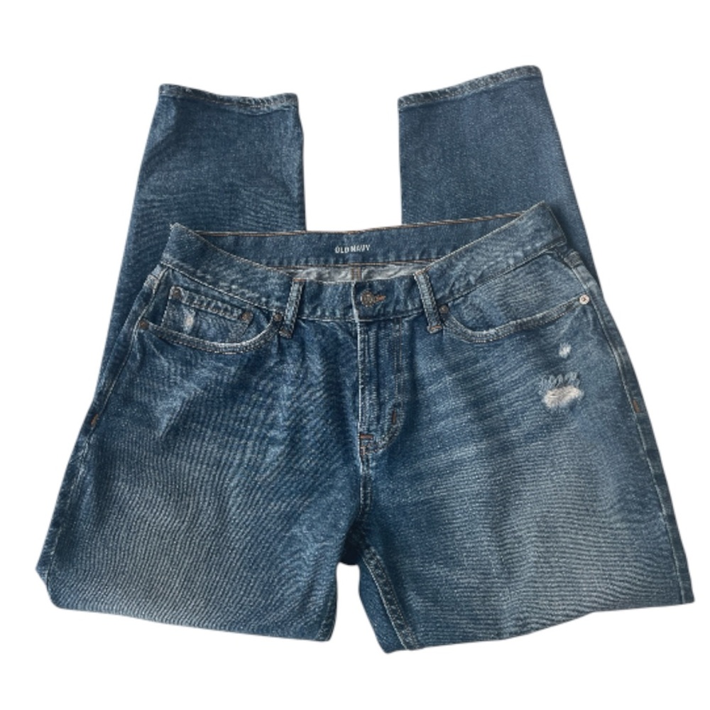 Old Navy Men's 33X29 Medium Blue Denim Jeans Distressed Tapered Leg 5 Pocket